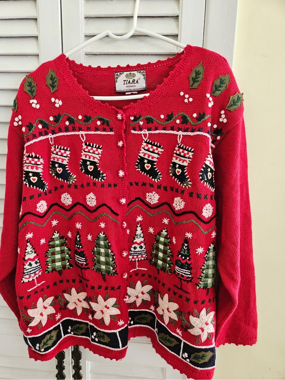 Tiara Red Festive Embroidered Cardigan with Green Accents